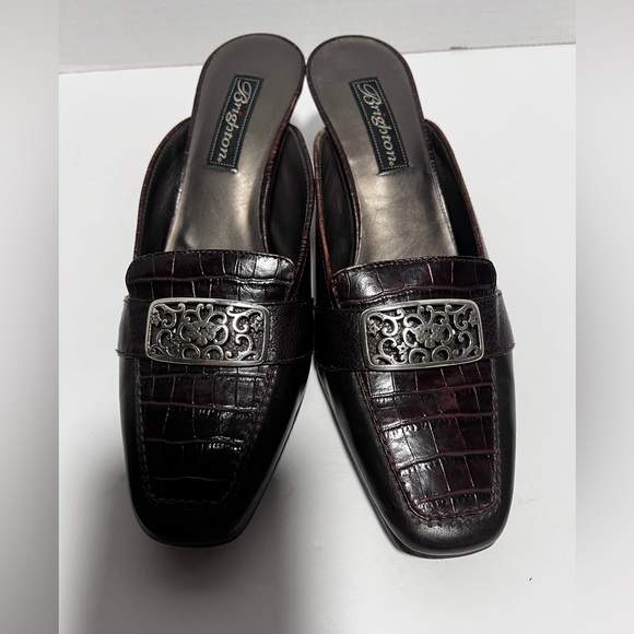 Brighton Steph Chocolate Brown Leather Crocodile Mule Heels 8 - Picture 1 of 7
